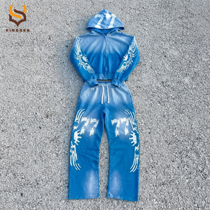 Custom Washed Sweat Suit Zipper Hoodies Tracksuit Set Printing Acid Wash